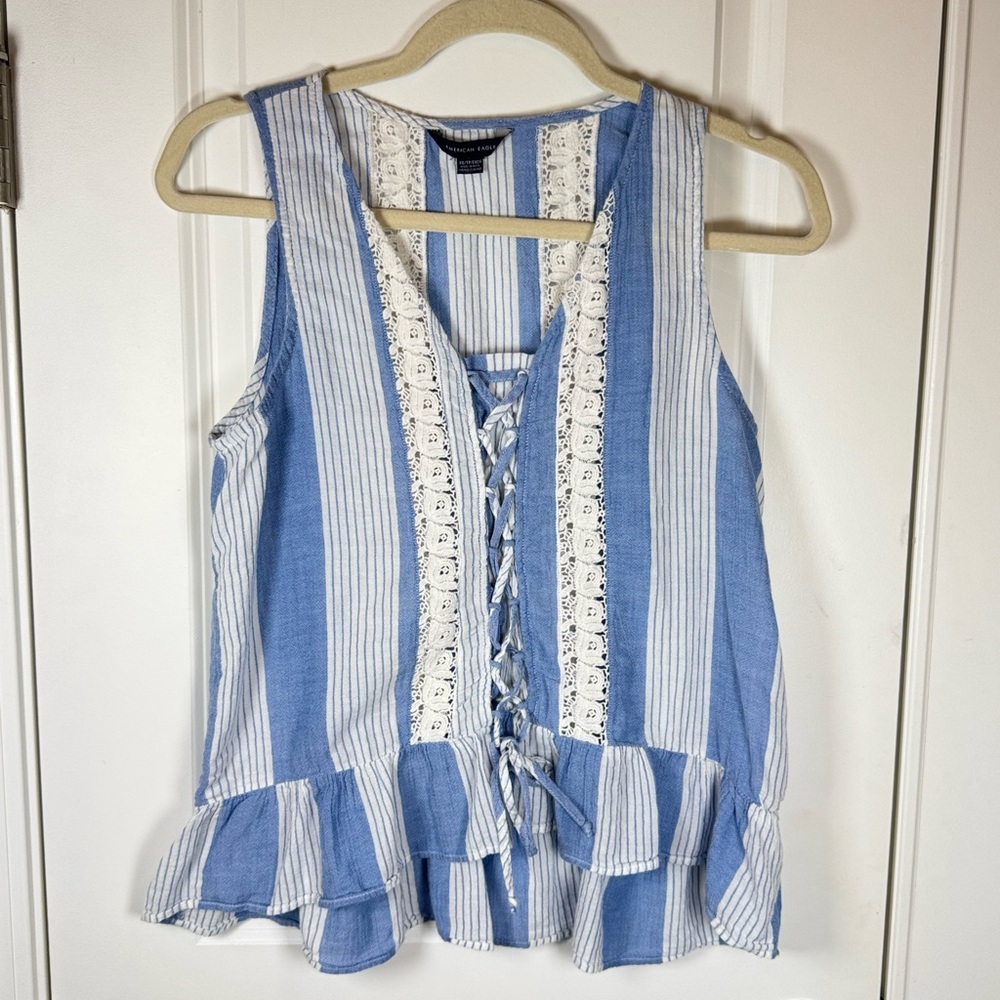 American Eagle Boho Peplum Lace Up Cotton Blouse XS Coastal Casual Summer